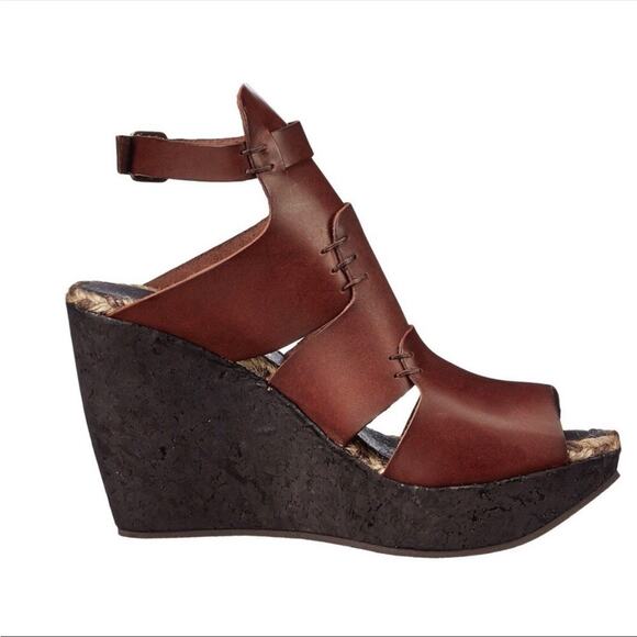 FP FREE PEOPLE Burgundy Brown Leather Vachetta Rose Wedge Sandals Tan Rope 8.5 - Picture 14 of 16